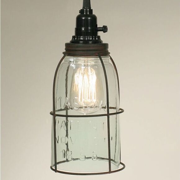 NEW! Half Gallon Open Bottom Glass Caged Mason Jar Pendant Lamp Light Farmhouse - Picture 1 of 2